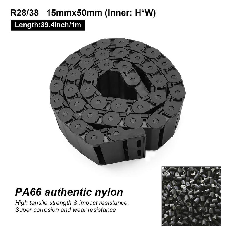 LMioEtool R28/38 15mm x 50mm(Inner H x Inner W) Black Plastic Cable Wire Carrier Drag Chain 1M Length for CNC, with End Connectors - Semi Enclosed Type (Inner Side openable) - Image 2